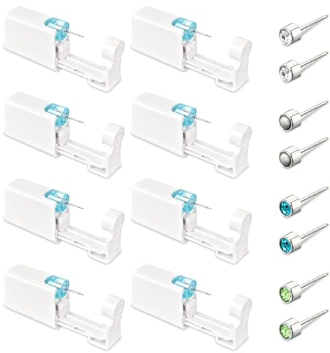 8 Pcs Painless Self Ear Piercing Kit, Ear Piercing Gun Set, Disposable Safe Ear Piercing Gun, Includes 8 Medical-Grade Silver Ear Studs and Cleaning Wipes, Suitable for Men, Women, and Family Use