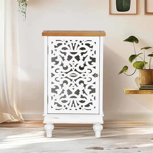 ALPHA HOME Small Sideboard with Single Door, Openwork Storage Cabinet Distressed Sideboard with Solid Wood Legs for Living Room, Bedroom, Entryway, White
