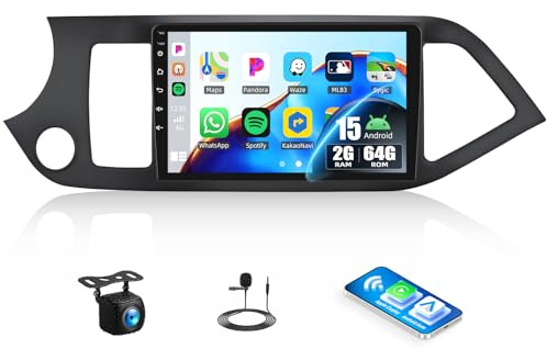 CAMECHO 2G+64G Android 15 Autoradio für KIA Picanto TA 2011-2016, 9 Zoll Touchscreen Carplay Autoradio mit Navi, Doppel Din Autoradio mit 9 Bildschirm Bluetooth RDS/FM MirrorLink+AHD Rückfahrkamera