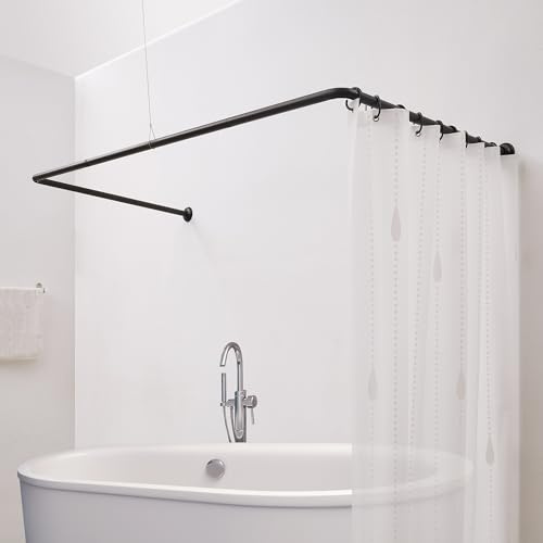Crkmire Duschvorhangstange U Form Duschstange 88x93.5x88 cm | Eckduschstange aus Stahl, Matt Schwarz | Inkl. Deckenstütze & 12 Haken | Montageset