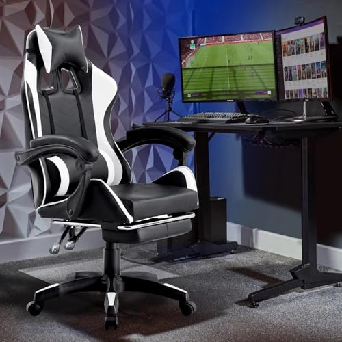 Generico Sedia da Gaming con Poggiapiedi Poggiatesta Cuscino Lombare con Funzione Massaggiante Altezza Regolabile Sportiva Comfort Estremo Ergonomica per Ufficio e Casa Bianco e Nera
