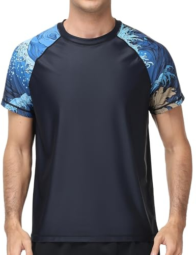 UPSOWER Rashguard Herren Kurzarm UV-Schutz Schwimmshirt mit Flache Nähte, Schnelltrocknend, Sonnenschutz UPF 50+ für Surfen Schwimmen Wassersport（Schwarz-Wellen XL）
