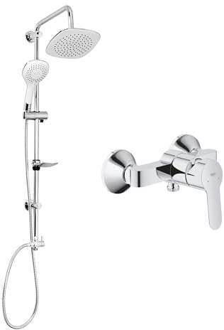 Belvit GROHE BauEdge Einhand Duschset, Chrom Weiss | SmoothControl Keramikkartusche 46 mm, Regendusche 20 x 20 cm, Handbrause 3 Strahlarten, Duschstange 85 cm