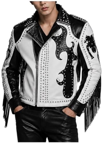 MAXDUD Herr premium läder rock punk bikerjacka – dubbad och spiked lugg ytterkläder, Svart och vit - Fuskläder, XS