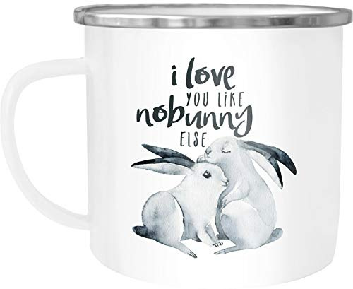 MoonWorks Emaille Tasse Becher Hase I love you like nobunny else Geschenk Liebe Spruch Liebespruch Wortspiel Watercolor Kaffeetasse Weiss-metall unisize