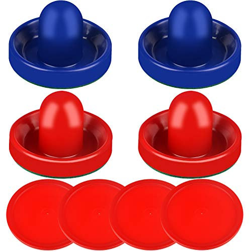 ONE250 Air Hockey Pushers und Red Air Hockey Pucks Torgriffe Paddel Zubehör für Spieltische (4 Striker, 4 Puck Pack), Blau und Rot