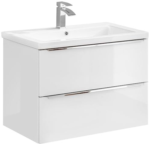 Lomadox Badmöbel Waschtisch-Unterschrank Set 80cm, Hochglanz weiß, Keramik-Waschbecken, 2 Soft-Close-Schubkästen