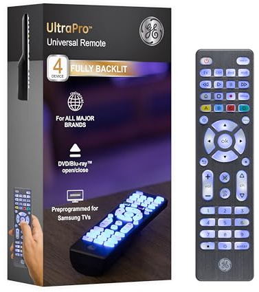 GE Backlit Buttons Universal Remote Control, Samsung Replacement, for Smart TV, Roku, Vizio, LG, Sony, Apple, 4-Device, Graphite, 48848