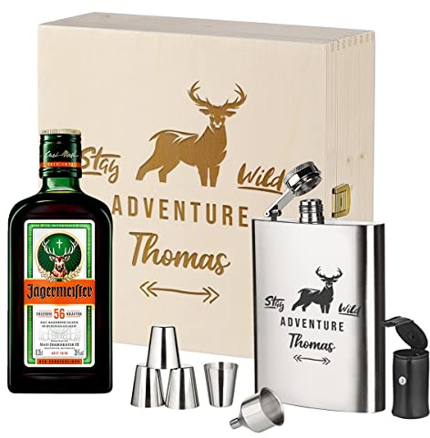polar-effekt Geschenkset mit Jägermeister 3-TLG - Stamper - Holzkiste, Flachmann und Kräuterschnaps - Ideal für Männer - Personalisierte Geschenkidee - Motiv Polygon Hirsch