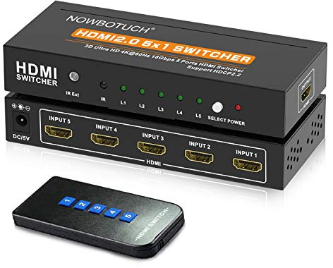 NOWBOTUCH 4K@60Hz 5x1 HDMI 2.0 Switch HDMI Selector Switch 5 Port HDR IR Remote 4Kx2K HDMI Selector Box 5 in 1 Out UHD 4K HDMI Switcher Support HDR 18Gps HDCP 2.2 Dolby Vision Ultra HD 3D 2160P 1080P
