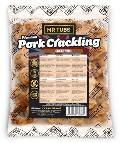Mr Tubs Pork Crackling 250g Bulk Bag - Premium Crackling, not Scratchings - Select your Flavour - Gluten Free, High Protein, Low Carb, Keto Friendly Pork Rind Meat Gift Snack (Smokey BBQ)