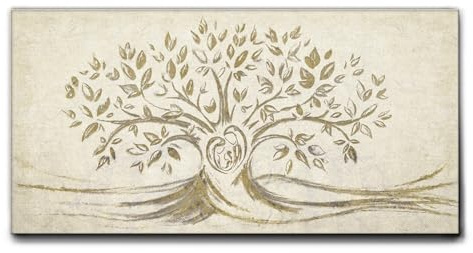 Giallobus - Quadro - 01 - Capezzale Moderno - Sacra Famiglia e Albero della Vita - Beige - Tela Canvas Telaio Standard - 70x35 - Pronto da Appendere - Quadri Moderni per la casa
