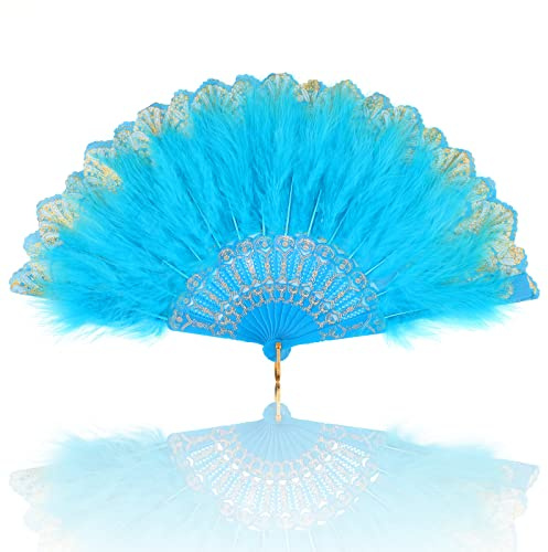 MWOOT Marabou Federfächer, 1920er Jahre Vintage Faltbar Handheld Handfächer, 20er Jahre Gestickte Blume Folding Feather Fan für Hochzeit Halloween Tanzen Show Tee Party Kostüm Dekoration - Blau