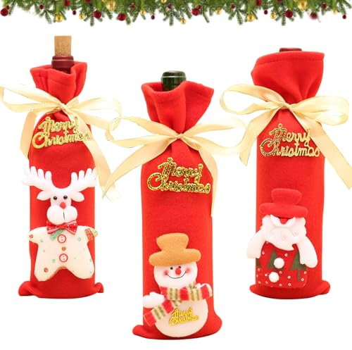 3 Stück Weihnachten Weinflasche Abdeckung, Weihnachten Weinflasche Taschen, Weinzubehör Geschenk Set, Wiederverwendbare Wein Geschenk Beutel für Home Dinner Party Dekoration Tischdekoration