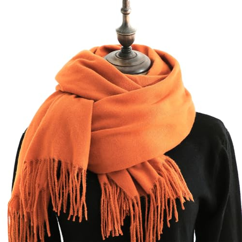 Duories Damen Kaschmir Schal Schals, Warme Lange Schals Damen Pashmina Winterschal Herbstschal Wolleschal Langschal Deckenschal mit Quasten Fransen,Frauen Halstuch Scarf Poncho Cape, Orange