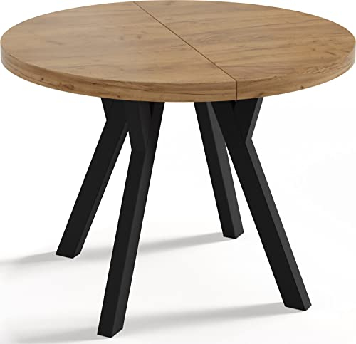WFL GROUP Table à Manger Extensible Ronde Designer - Style Loft, Industriel, Peu Encombrant - Pieds Noirs - 100 à 150 Cm - pour 5-8 Personnes - Fabriqué en UE - Chêne Wotan - 150 Cm