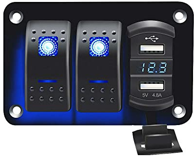 Riloer 2 Gang Kombinations-Schalter-Panel, 12V / 24V Marine Boot Auto RV LKW Dual-USB-Buchse Ein-Aus-Wippschalter Bedienfeld, mit blau/rot/grünem LED-Licht