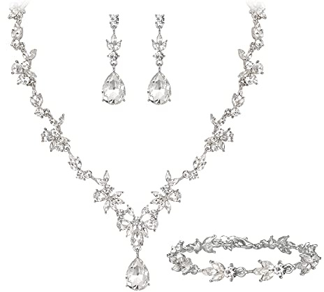 Clearine Wedding Jewellery Set for Women Bride, Y-Necklace Tennis Bracelet Dangle Earrings Set Crystal Teardrop Marquise Cluster Jewellery for Bridal Bridesmaid Clear Silver-Tone