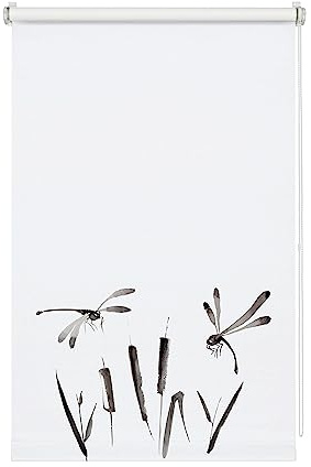 GARDINIA Estor Enrollable para Sujetar, Cortina Enrollable de luz Diurna, Opaca, Incluye Todas Las Piezas de Montaje, Estor EASYFIX Japandi Dragonfly, Blanco/decoración, 45 x 150 cm