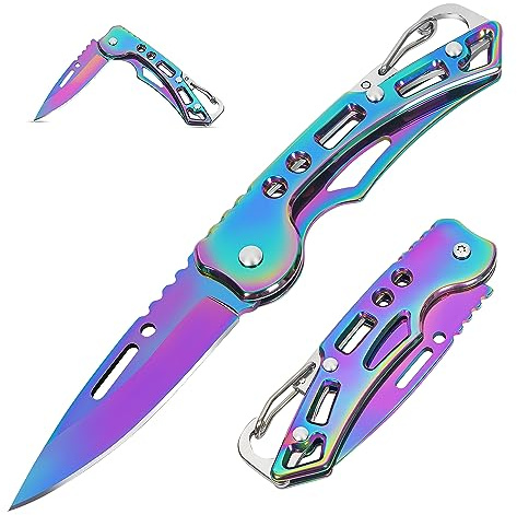Aoelgoo 2 Piezas Navaja de Bolsillo Navaja Plegable, Mini Cuchillo, Cuchillo EDC para Camping al Aire Libre (Arcoíris)