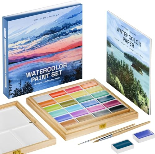 Artistro x HANNAH M.P Aquarellfarben-Set, limitierte Auflage, 24 Farben in Bambus-Holzbox (6 ml XL-Pfannen) – 2 Pinsel, Aquarellpapier, Mischtablett – Reise-Aquarell-Set für Anfänger und Profis