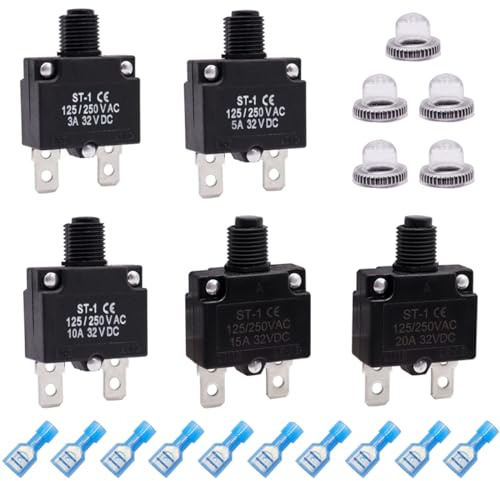 mxuteuk 5Pcs 3,5,10,15,20Amp Circuit Breakers Push Button Manual Reset 125/250V AC 32V DC,Overload Protector Switch Thermal Circuit Breakers with Quick Connect Terminals and Waterproof Button Caps