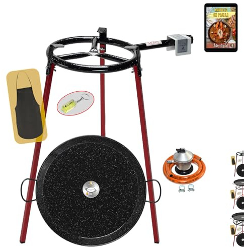 COMBOI Paella Brenner Butangas, 30 cm, emaillierte Paella-Pfanne, 42 cm, Gasregler, Schlauch, Standfüße, Ebene, Schürze, digitales Rezeptbuch