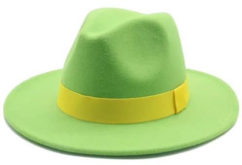SOYNIA Fedora Trilby Filzhut Hut Fedora-Hut Für Damen Bandband Herrenhut Breite Krempe Klassische Hochzeit Kirche Bowler-Kappe 60–62 cm (XL) Fruchtgrün
