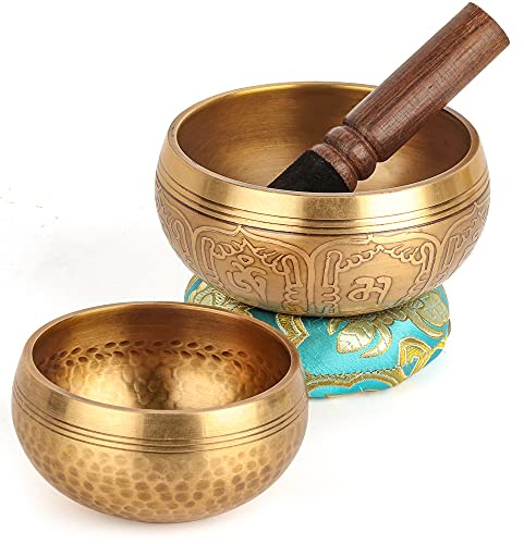 2er-Pack tibetische Klangschalen-Set – 100% handgefertigt in Nepal. Klangschalen-Meditationsset für Meditation, Yoga, Chakra, Meditationsgeschenke, einzigartige Geschenke für Frauen
