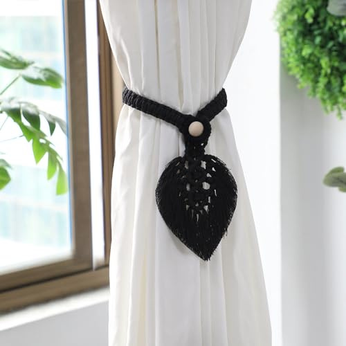 legacci per tende, legacci per tende, Fermatenda for tende stile confezione da 2, fermagli for tende con foglie di nappe intrecciate, eleganti fermatenda decorativi for tende, cordoni decorativi(Black
