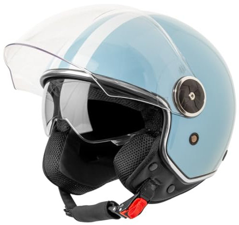 VINZ Arenas Casque Jet avec Visière Solaire et Visière | Casque de Scooter Moto / Vintage avec des Rayures | Certifié ECE 22.06 | Tailles XS-XXL - Bleu Clair