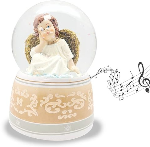 Schneekugel Weihnachten Engel mit Flügel | Sockel mit Ornamente | mit Spieluhr | Höhe: 140mm Breite: 100mm | 20039 (Engel verträumt weiß)