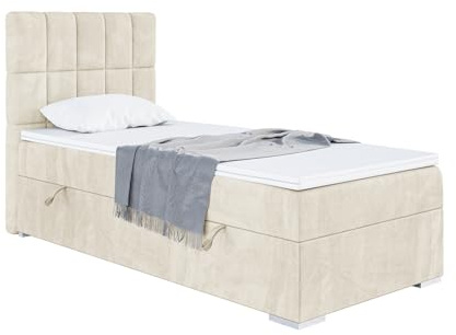 MEBLINI Boxspringbett mit Bettkasten - Gepolstert Einzelbett mit Matratze und Topper - Polsterbett mit Stauraum - Bett mit Kopfteil - Stauraumbett - Lukas - 100x200 Links - H4/Creme Samt