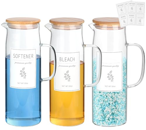 KitHero Flüssigwaschmittel-Spender Set mit Bambusdeckeln und Griffen – Easy Pour 3er Pack 50 oz (ca. 1,48 l pro Behälter) Glasbehälter für Waschraum-Organisation & Aufbewahrung