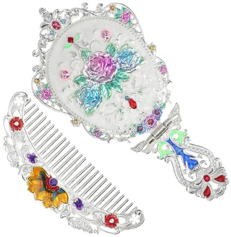 IWOWHERO Vintage Handspiegel Und Kamm Set Eleganter Kosmetikspiegel Mit Filigranem Blumenmuster Multifunktionaler Kamm Für Vielseitiges Styling Tragbar Für Make-up Und Haarpflege Hochwertig