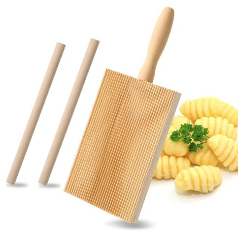 CHSEROK Planche à Gnocchis en Bois avec Manche - 2 Bâtons en Bois Inclus - Idéale pour Pâtes Maison & Gnocchis