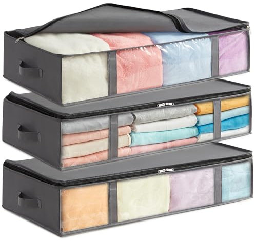 Lifewit 90L Under Bed Storage Containers 3 Pack, Foldable Clothing Storage Bags with Front Clear Window, Closet Organizers and Storage for Towels, Clothes, Blankets, Grey