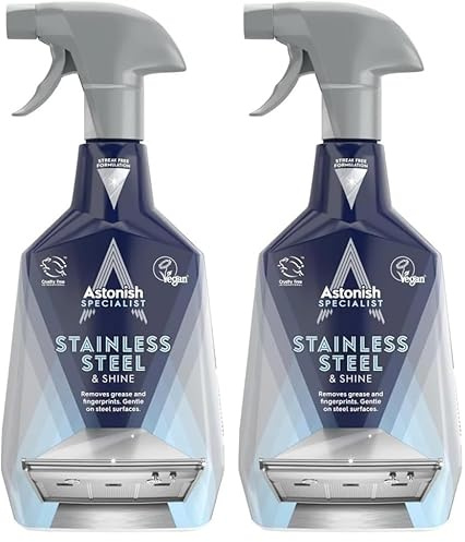 Astonish Specialist Stainless Steel and Shine Spray, for Polished Surfaces, Clear Waters, 750ml (Pack of 2)