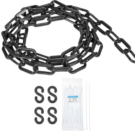 sourcing map Plastic Chain 20 FT/6.1 M, Safety Chain Black Plastic Chain Link Barrier with Zip Ties and S-Hooks for Crowd Control Queue Line Fence Decoration