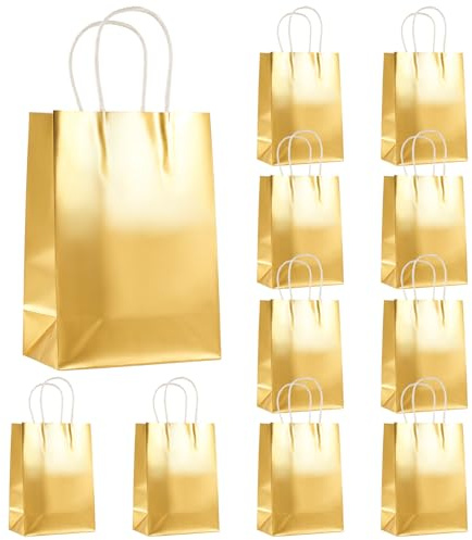 Sparkeads Goldene Geschenktüten, Metallic-Papier, rechteckig, Glitzer, Kraftpapier, Einkaufstaschen mit Griffen, für kleine Geschäftspartys, Geburtstage, Hochzeiten, Brautpartys, 21 x 15 x 8 cm, 12