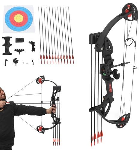 Compoundbogen Set, Sportbogen Erwachsene mit Zielpapier Armschutz und 12 Pfeile, Einstellbar Pfeil und Bogen für Erwachsene Anfänger, Zuggewicht 16-29lbs, Zuglänge 49-72cm (Schwarz)