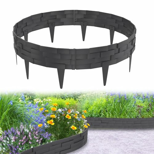 Aufun 20 m gräskant stenbrickssimuleringsstil, rabattinfattning, plast med 10 element á 100 cm, stenbricksdesign, trädgård, rabattkant, böjbar, klippkant, rabattbegränsning, flexibel (antracit)