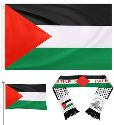 Bandera Palestina 150 x 90 cm, Bufanda Palestina 135 x 13.5 cm, banderas palestina, Con Ojales, Bufanda Bandera Palestina, Banderas Decorativas para Exteriores, Bufandas para Hombres y Mujeres