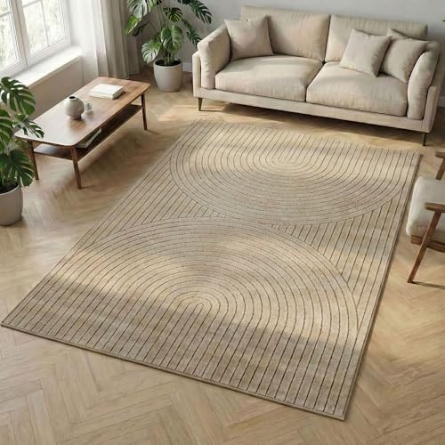Carpetsale24 Kurzflor Teppich 140x200 cm Beige Wohnzimmer, Schlafzimmer, Küche, 3D Hoch-Tief-Effekt, Skandinavisch Boho Motiv, für Outdoor Bereich geeignet Terrassen oder im Balkon