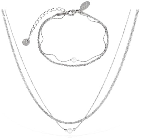 VICKWOOD Fußkettchen für Damen bis 30cm lang Perlen Armband Damen Gold-Halskette Set Edelstahl -Wasserfest Fussketten für Frauen - Gold/Silber/Rosegold
