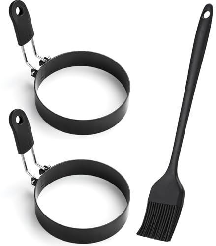 Juego de anillos de huevo de acero inoxidable de 3.5 pulgadas, molde redondo para freír y plancha con cepillo de aceite (2 anillos, 1 cepillo)