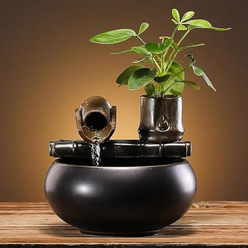 Fontana da tavolo in ceramica con fontana in bambù – Fontana da tavolo nera lucida con design naturale, decorazione da scrivania silenziosa per casa e ufficio relax