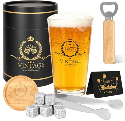 Birthday Gifts for Men – Vintage 1975 Whiskey Glass Set, Personalised Bottle Opener, Coaster, Greeting Card & Gift Box for Dad, Husband, Grandad, or Friend