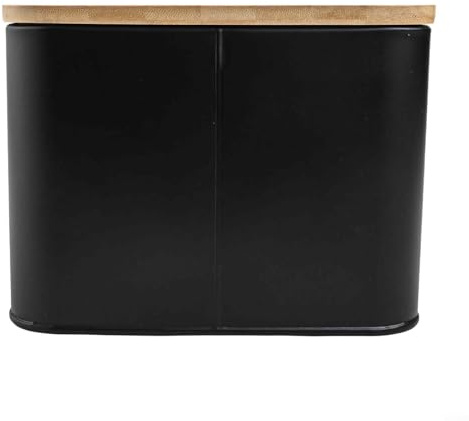 Panera ventilada con tapa de madera, almacenamiento de metal para encimera de cocina para mantener el pan fresco y servir con tapa multiusos (negro)