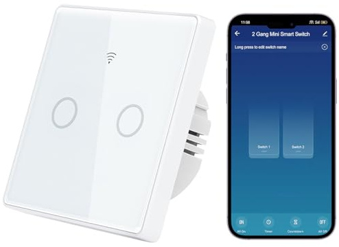 Tuya Funk-Wandsender, WiFi+RF433 Touch Smart Lichtschalter, Kompatibel mit Alexa/Google/Smart Life, Voice control/APP Remote control/Timing/Countdown/Schedule, Neutralleiter Erforderlich(Weiß/2 Gang)